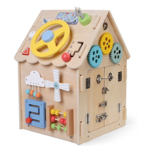 Babymix - Drewniany DOMEK MONTESSORI Tablica aktywności | daszek natural